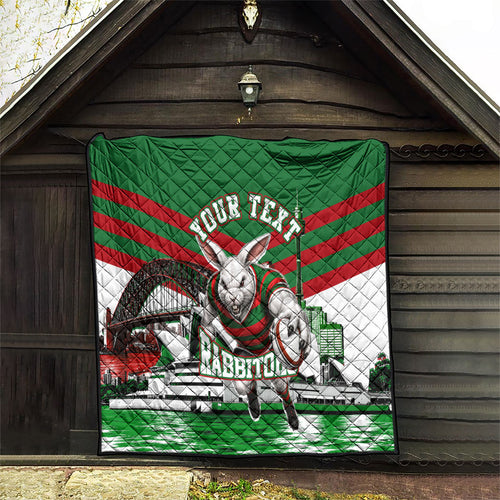 Personalized South Sydney Rabbitohs Rugby Quilt Fierce Mascot And Sydney Skyline Graphic Art