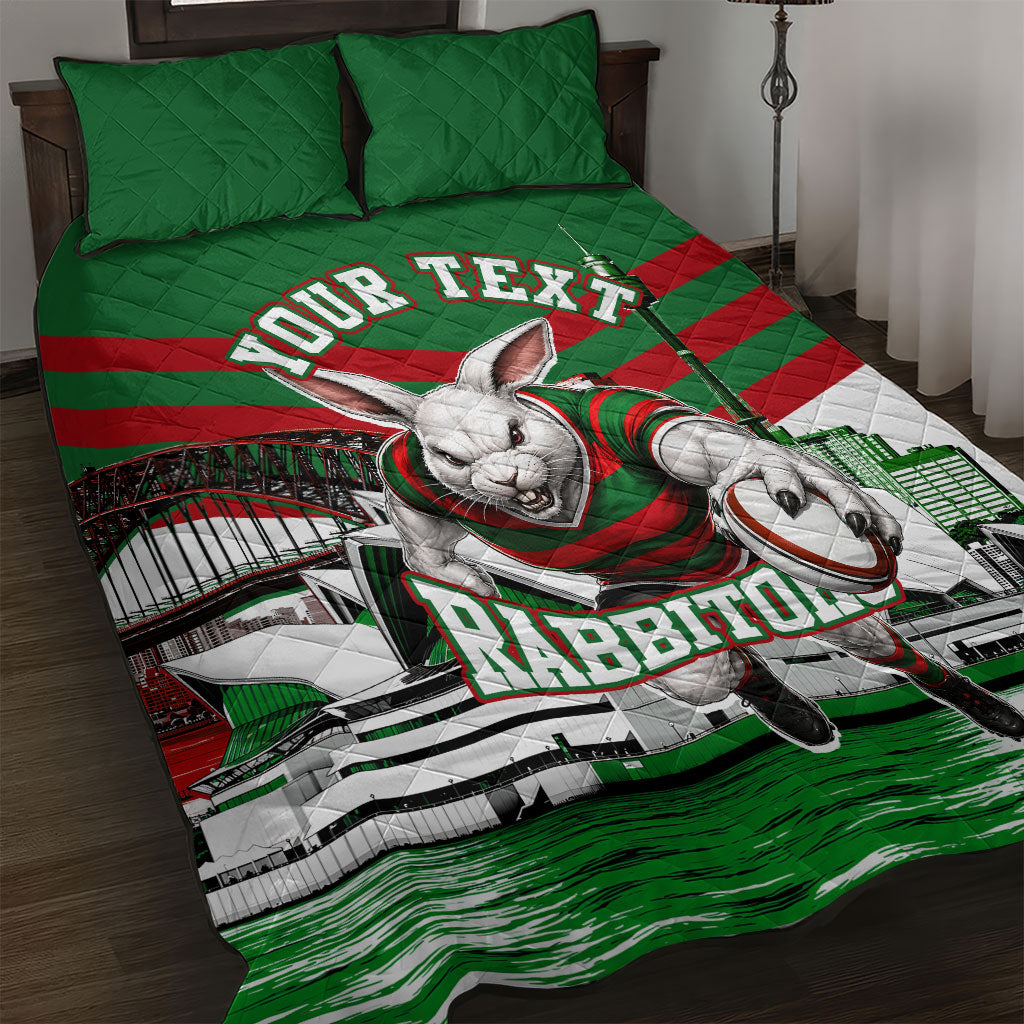 Personalized South Sydney Rabbitohs Rugby Quilt Bed Set Fierce Mascot And Sydney Skyline Graphic Art