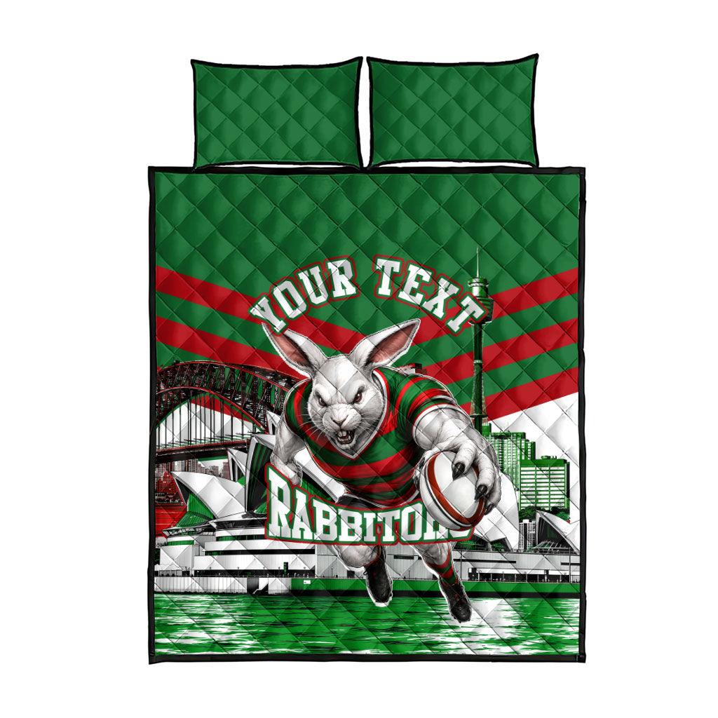 Personalized South Sydney Rabbitohs Rugby Quilt Bed Set Fierce Mascot And Sydney Skyline Graphic Art