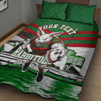 Personalized South Sydney Rabbitohs Rugby Quilt Bed Set Fierce Mascot And Sydney Skyline Graphic Art