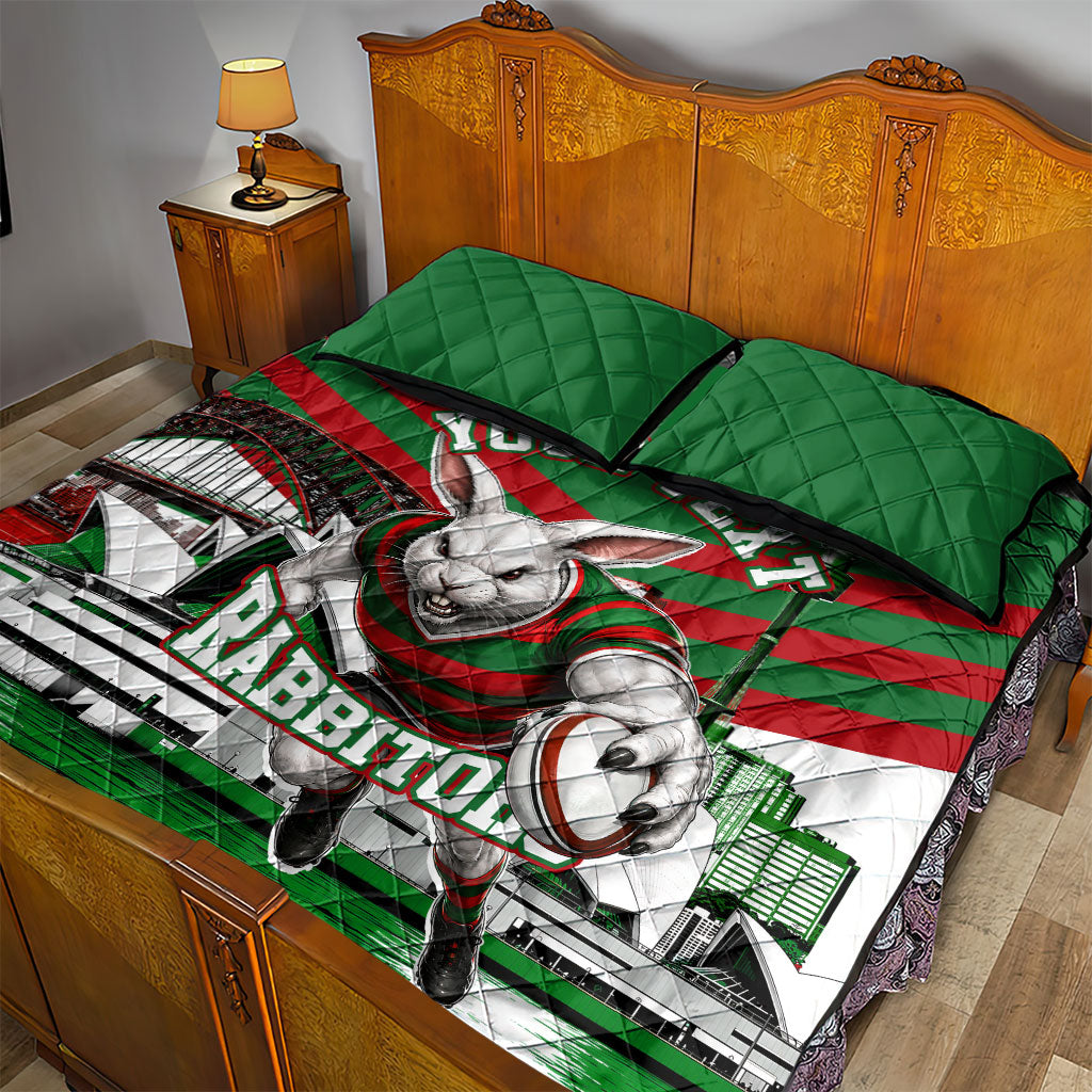 Personalized South Sydney Rabbitohs Rugby Quilt Bed Set Fierce Mascot And Sydney Skyline Graphic Art