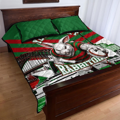 Personalized South Sydney Rabbitohs Rugby Quilt Bed Set Fierce Mascot And Sydney Skyline Graphic Art