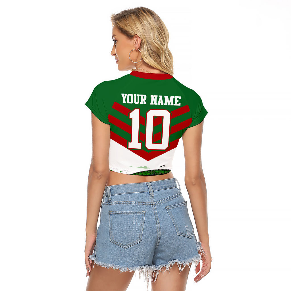 Personalized South Sydney Rabbitohs Rugby Raglan Cropped T Shirt Fierce Mascot And Sydney Skyline Graphic Art