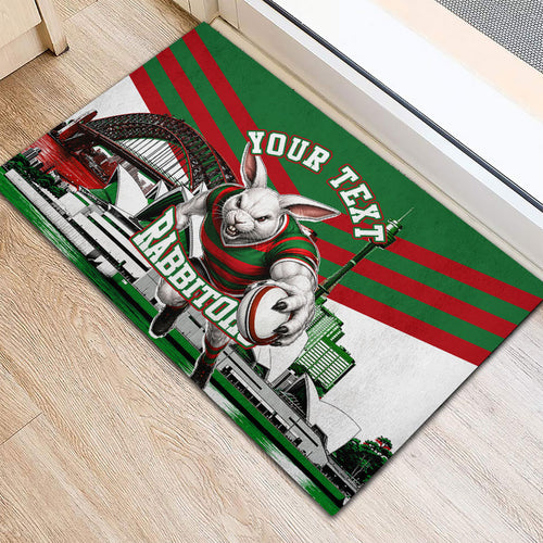 Personalized South Sydney Rabbitohs Rugby Rubber Doormat Fierce Mascot And Sydney Skyline Graphic Art