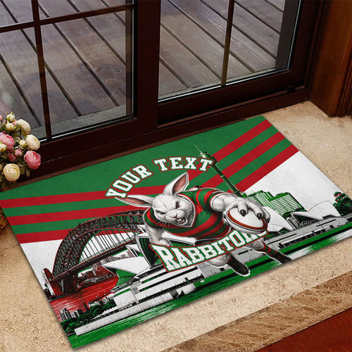 Personalized South Sydney Rabbitohs Rugby Rubber Doormat Fierce Mascot And Sydney Skyline Graphic Art