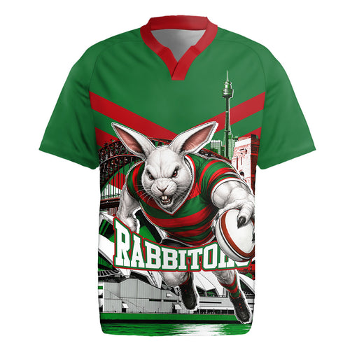 Personalized South Sydney Rabbitohs Rugby Rugby Jersey Fierce Mascot And Sydney Skyline Graphic Art