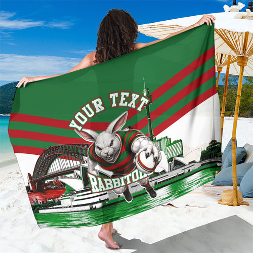 Personalized South Sydney Rabbitohs Rugby Sarong Fierce Mascot And Sydney Skyline Graphic Art
