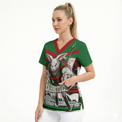 Personalized South Sydney Rabbitohs Rugby Scrub Top Fierce Mascot And Sydney Skyline Graphic Art