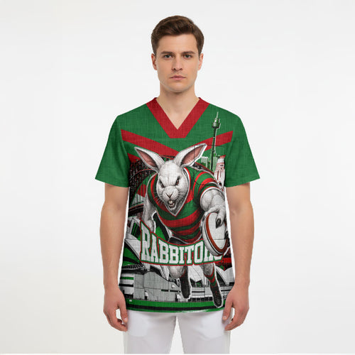 Personalized South Sydney Rabbitohs Rugby Scrub Top Fierce Mascot And Sydney Skyline Graphic Art