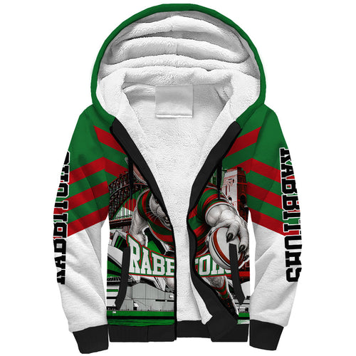 Personalized South Sydney Rabbitohs Rugby Sherpa Hoodie Fierce Mascot And Sydney Skyline Graphic Art