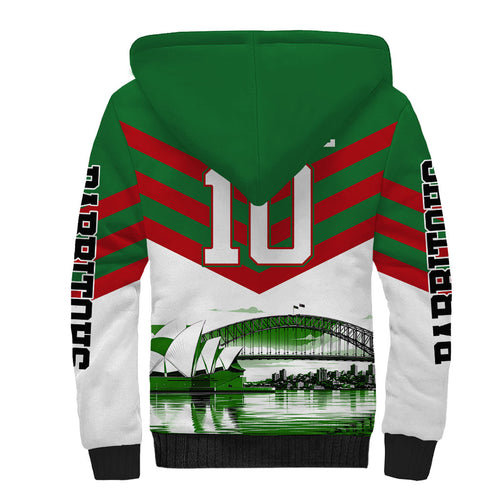 Personalized South Sydney Rabbitohs Rugby Sherpa Hoodie Fierce Mascot And Sydney Skyline Graphic Art