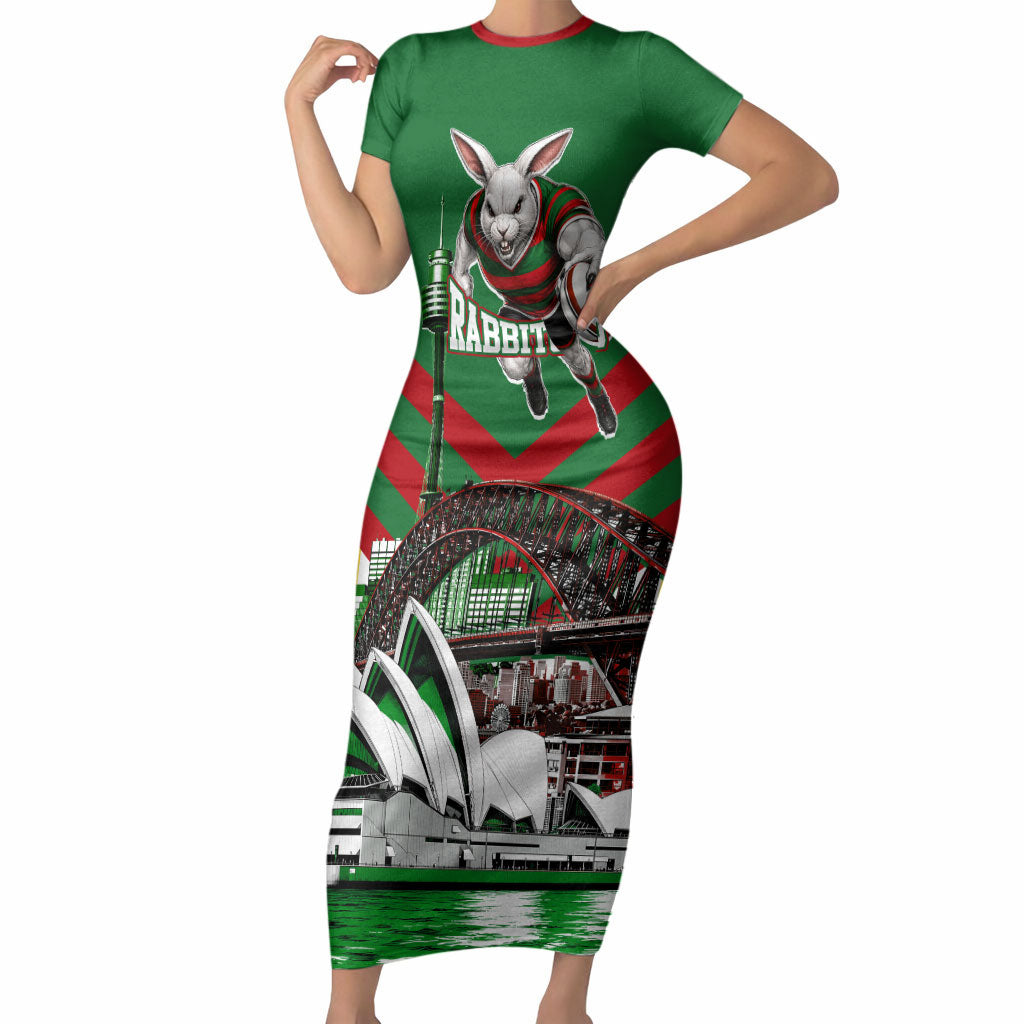 Personalized South Sydney Rabbitohs Rugby Short Sleeve Bodycon Dress Fierce Mascot And Sydney Skyline Graphic Art