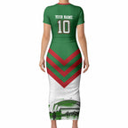 Personalized South Sydney Rabbitohs Rugby Short Sleeve Bodycon Dress Fierce Mascot And Sydney Skyline Graphic Art