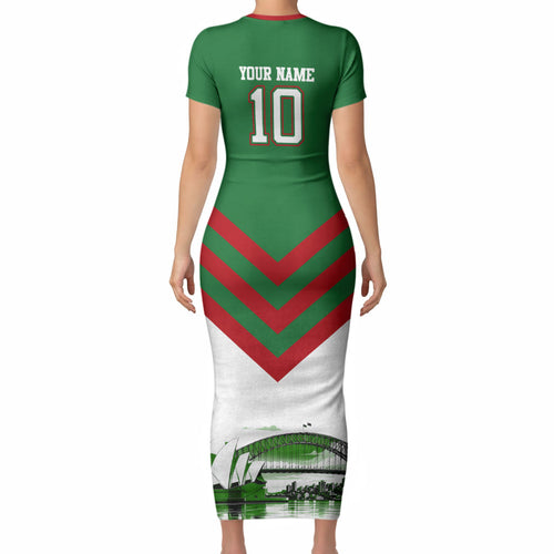 Personalized South Sydney Rabbitohs Rugby Short Sleeve Bodycon Dress Fierce Mascot And Sydney Skyline Graphic Art