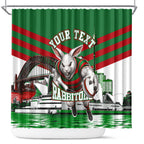 Personalized South Sydney Rabbitohs Rugby Shower Curtain Fierce Mascot And Sydney Skyline Graphic Art