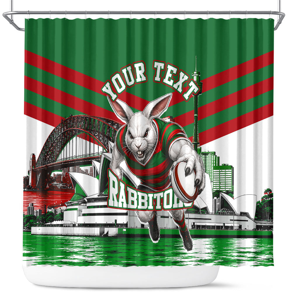 Personalized South Sydney Rabbitohs Rugby Shower Curtain Fierce Mascot And Sydney Skyline Graphic Art
