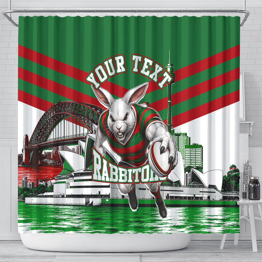 Personalized South Sydney Rabbitohs Rugby Shower Curtain Fierce Mascot And Sydney Skyline Graphic Art