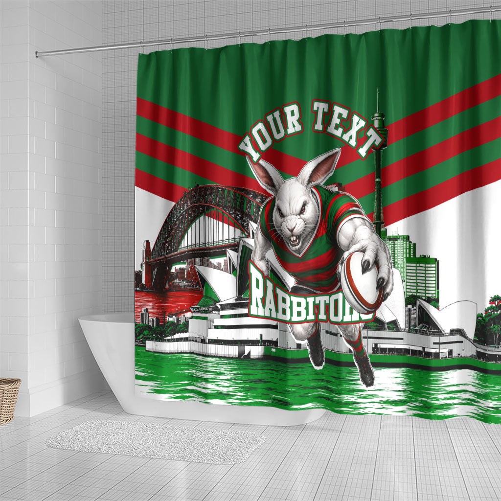 Personalized South Sydney Rabbitohs Rugby Shower Curtain Fierce Mascot And Sydney Skyline Graphic Art