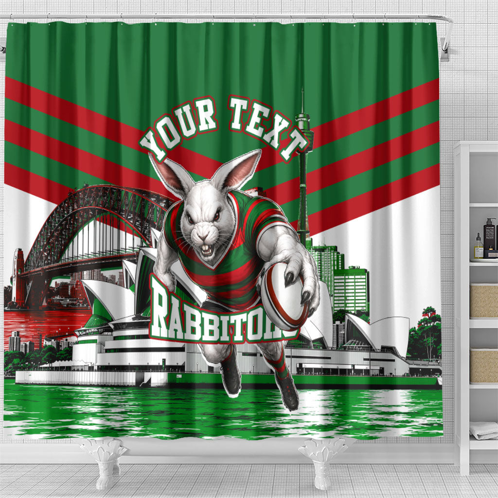 Personalized South Sydney Rabbitohs Rugby Shower Curtain Fierce Mascot And Sydney Skyline Graphic Art