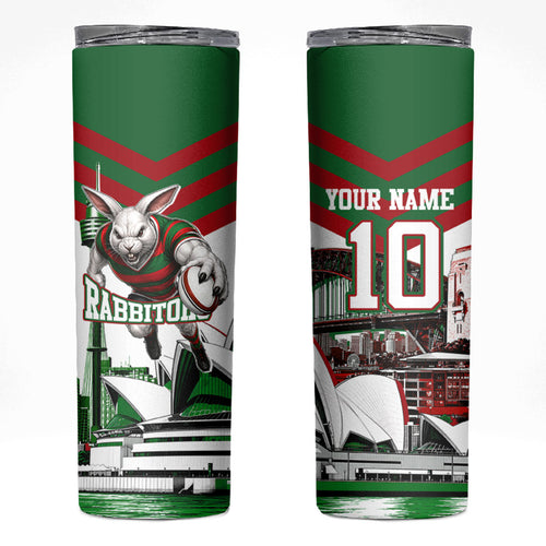 Personalized South Sydney Rabbitohs Rugby Skinny Tumbler Fierce Mascot And Sydney Skyline Graphic Art