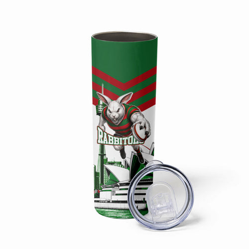 Personalized South Sydney Rabbitohs Rugby Skinny Tumbler Fierce Mascot And Sydney Skyline Graphic Art