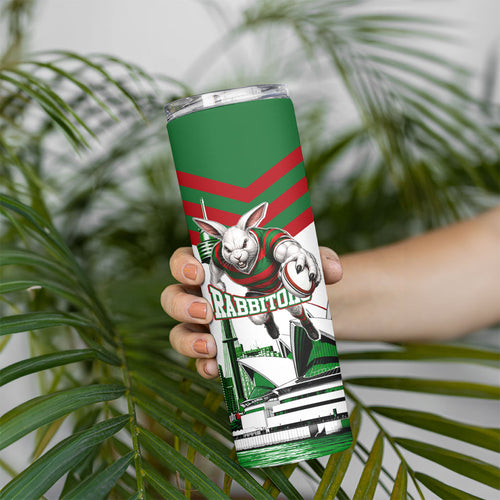 Personalized South Sydney Rabbitohs Rugby Skinny Tumbler Fierce Mascot And Sydney Skyline Graphic Art