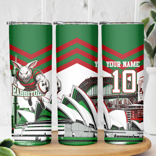 Personalized South Sydney Rabbitohs Rugby Skinny Tumbler Fierce Mascot And Sydney Skyline Graphic Art