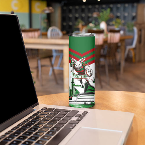 Personalized South Sydney Rabbitohs Rugby Skinny Tumbler Fierce Mascot And Sydney Skyline Graphic Art