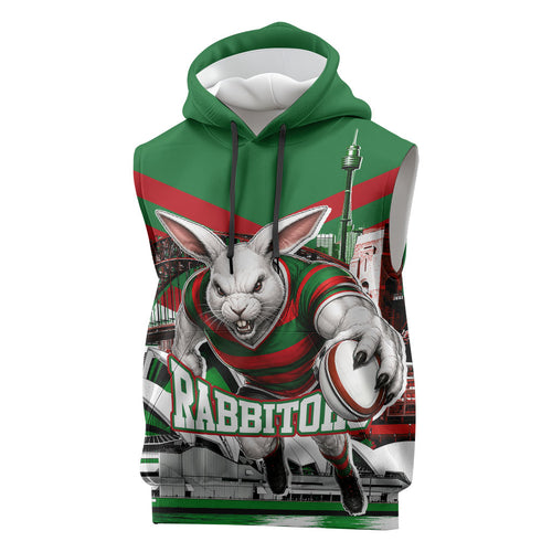 Personalized South Sydney Rabbitohs Rugby Sleeveless Hoodie Fierce Mascot And Sydney Skyline Graphic Art