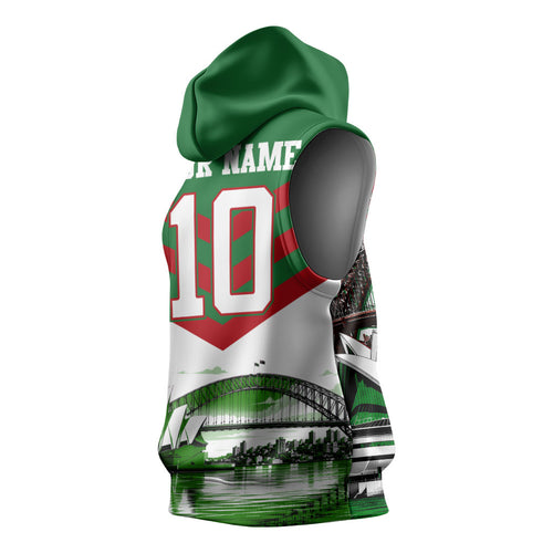 Personalized South Sydney Rabbitohs Rugby Sleeveless Hoodie Fierce Mascot And Sydney Skyline Graphic Art