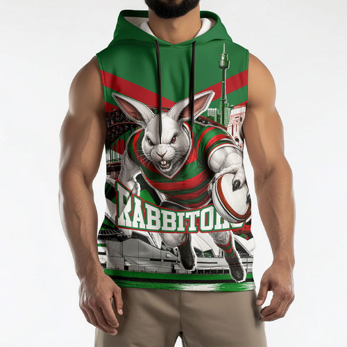 Personalized South Sydney Rabbitohs Rugby Sleeveless Hoodie Fierce Mascot And Sydney Skyline Graphic Art