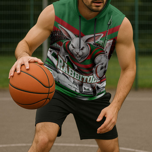 Personalized South Sydney Rabbitohs Rugby Sleeveless Hoodie Fierce Mascot And Sydney Skyline Graphic Art