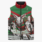Personalized South Sydney Rabbitohs Rugby Sleeveless Puffer Jacket Fierce Mascot And Sydney Skyline Graphic Art
