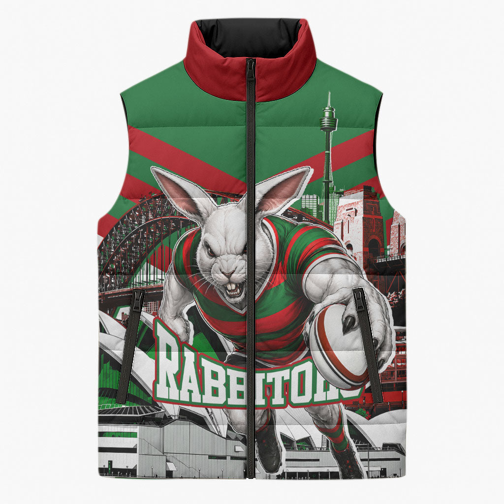 Personalized South Sydney Rabbitohs Rugby Sleeveless Puffer Jacket Fierce Mascot And Sydney Skyline Graphic Art