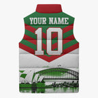 Personalized South Sydney Rabbitohs Rugby Sleeveless Puffer Jacket Fierce Mascot And Sydney Skyline Graphic Art