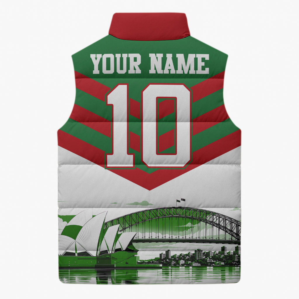 Personalized South Sydney Rabbitohs Rugby Sleeveless Puffer Jacket Fierce Mascot And Sydney Skyline Graphic Art