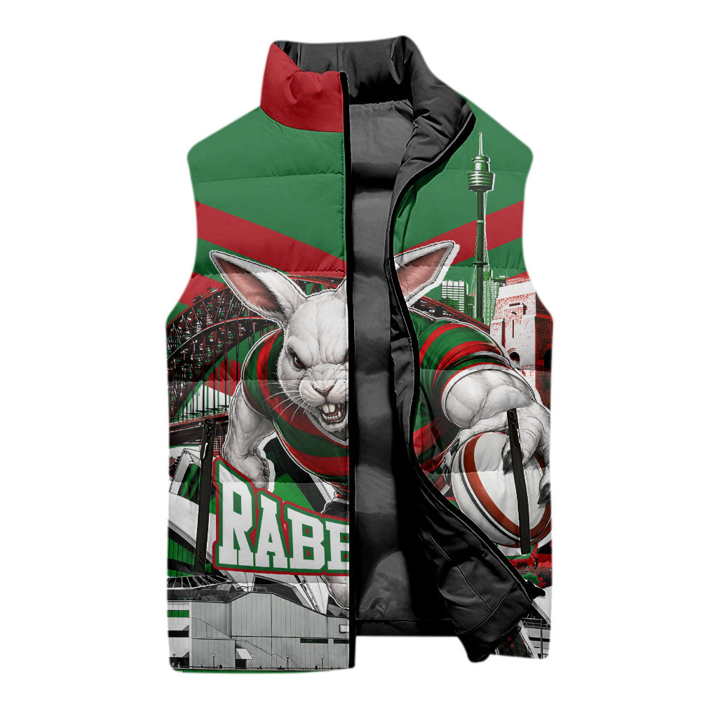 Personalized South Sydney Rabbitohs Rugby Sleeveless Puffer Jacket Fierce Mascot And Sydney Skyline Graphic Art