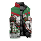 Personalized South Sydney Rabbitohs Rugby Sleeveless Puffer Jacket Fierce Mascot And Sydney Skyline Graphic Art