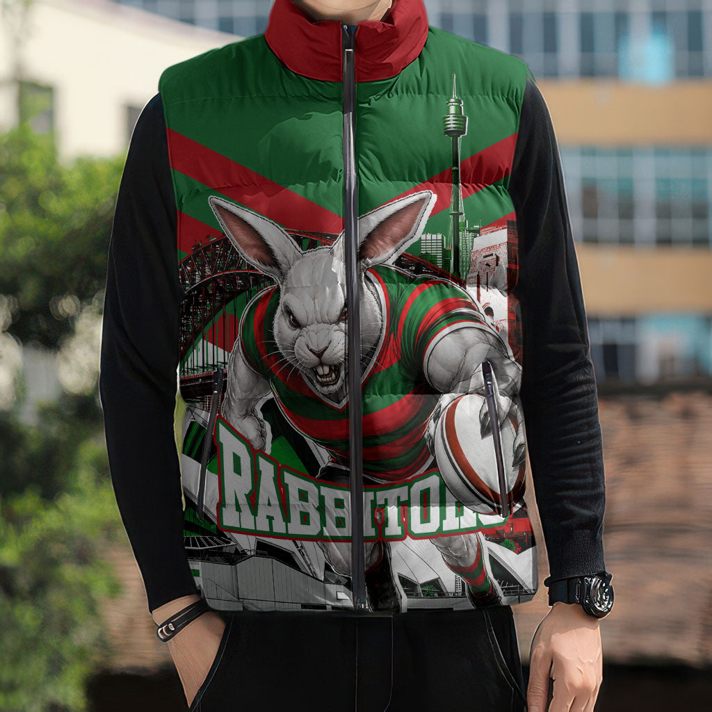 Personalized South Sydney Rabbitohs Rugby Sleeveless Puffer Jacket Fierce Mascot And Sydney Skyline Graphic Art