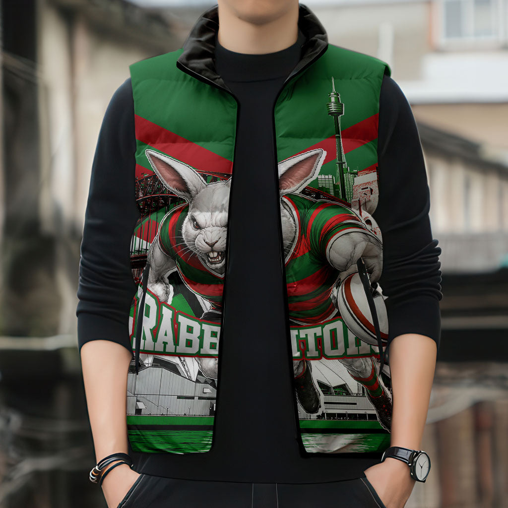 Personalized South Sydney Rabbitohs Rugby Sleeveless Puffer Jacket Fierce Mascot And Sydney Skyline Graphic Art