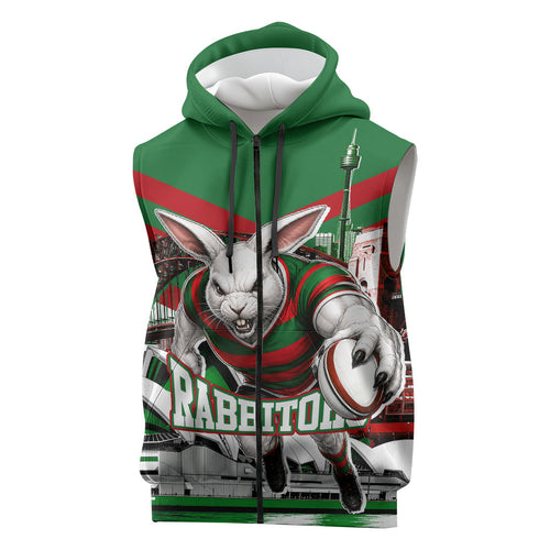 Personalized South Sydney Rabbitohs Rugby Sleeveless Zip Hoodie Fierce Mascot And Sydney Skyline Graphic Art