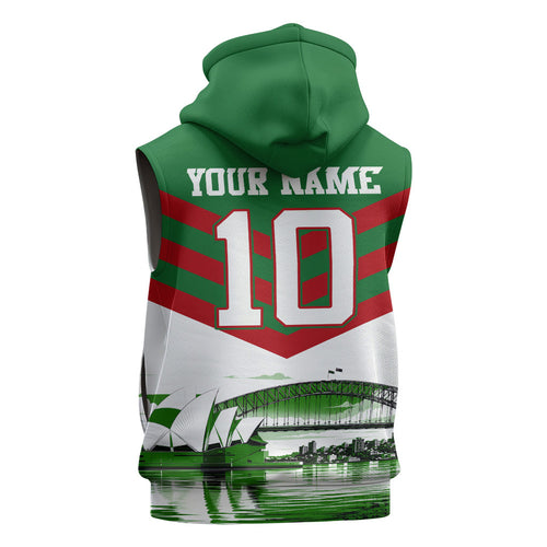 Personalized South Sydney Rabbitohs Rugby Sleeveless Zip Hoodie Fierce Mascot And Sydney Skyline Graphic Art