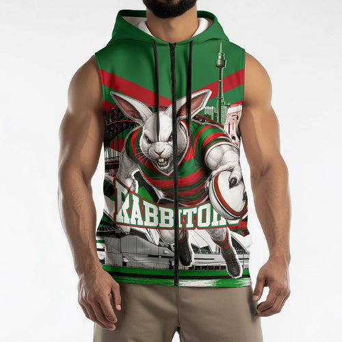 Personalized South Sydney Rabbitohs Rugby Sleeveless Zip Hoodie Fierce Mascot And Sydney Skyline Graphic Art