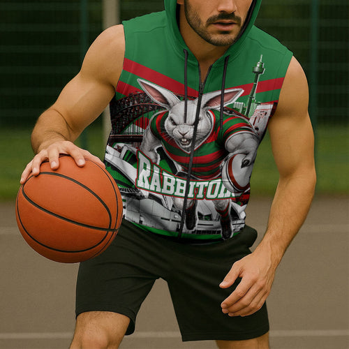 Personalized South Sydney Rabbitohs Rugby Sleeveless Zip Hoodie Fierce Mascot And Sydney Skyline Graphic Art