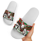 Personalized South Sydney Rabbitohs Rugby Slide Sandals Fierce Mascot And Sydney Skyline Graphic Art