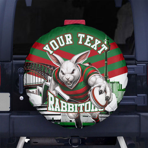 Personalized South Sydney Rabbitohs Rugby Spare Tire Cover Fierce Mascot And Sydney Skyline Graphic Art