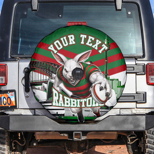 Personalized South Sydney Rabbitohs Rugby Spare Tire Cover Fierce Mascot And Sydney Skyline Graphic Art