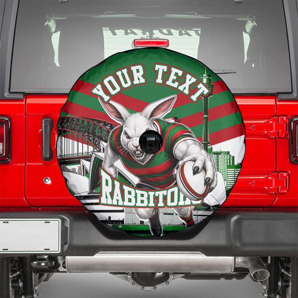 Personalized South Sydney Rabbitohs Rugby Spare Tire Cover Fierce Mascot And Sydney Skyline Graphic Art