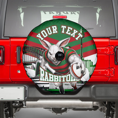 Personalized South Sydney Rabbitohs Rugby Spare Tire Cover Fierce Mascot And Sydney Skyline Graphic Art