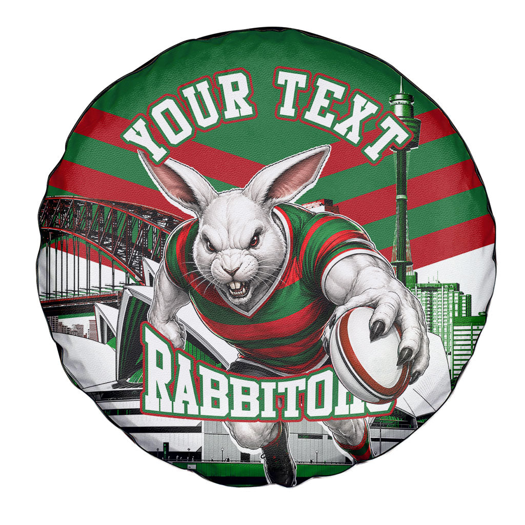 Personalized South Sydney Rabbitohs Rugby Spare Tire Cover Fierce Mascot And Sydney Skyline Graphic Art